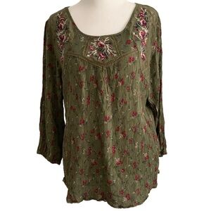 MASON + BELLE Women’s Olive Green Floral 3/4 Sleeve Gauze Blouse Shirt